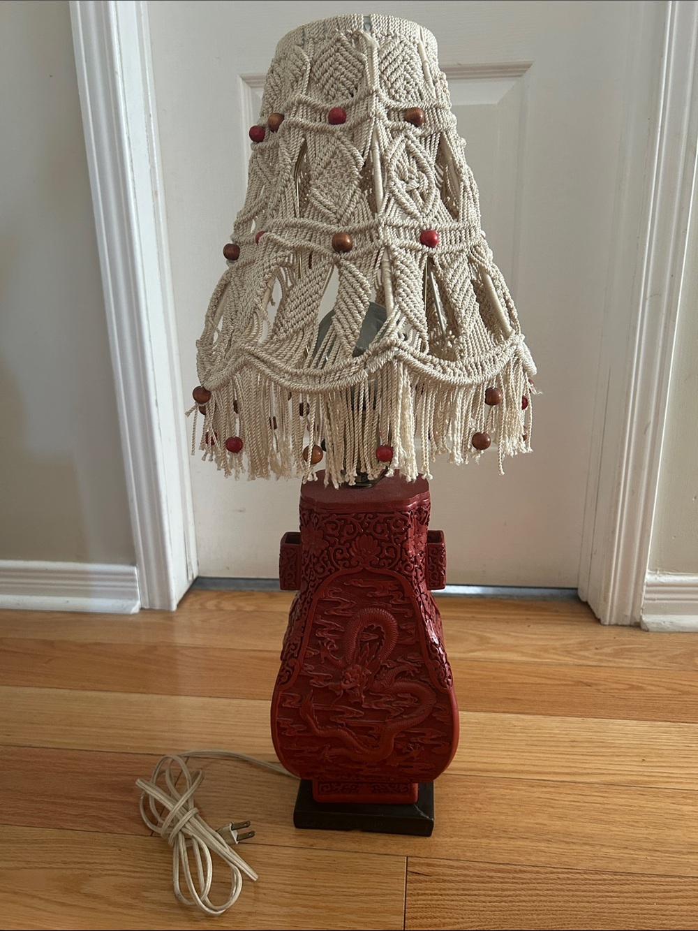 Carved Red Cinnabar Laquer Antique  Table Lamp with Handmade Macramé Shade